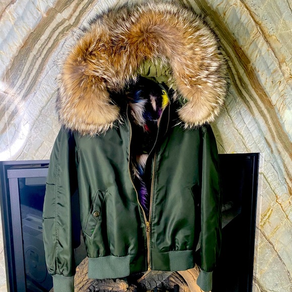 MR&MRS Italy New York Bomber Jacket with Fox Fur - Picture 1 of 6